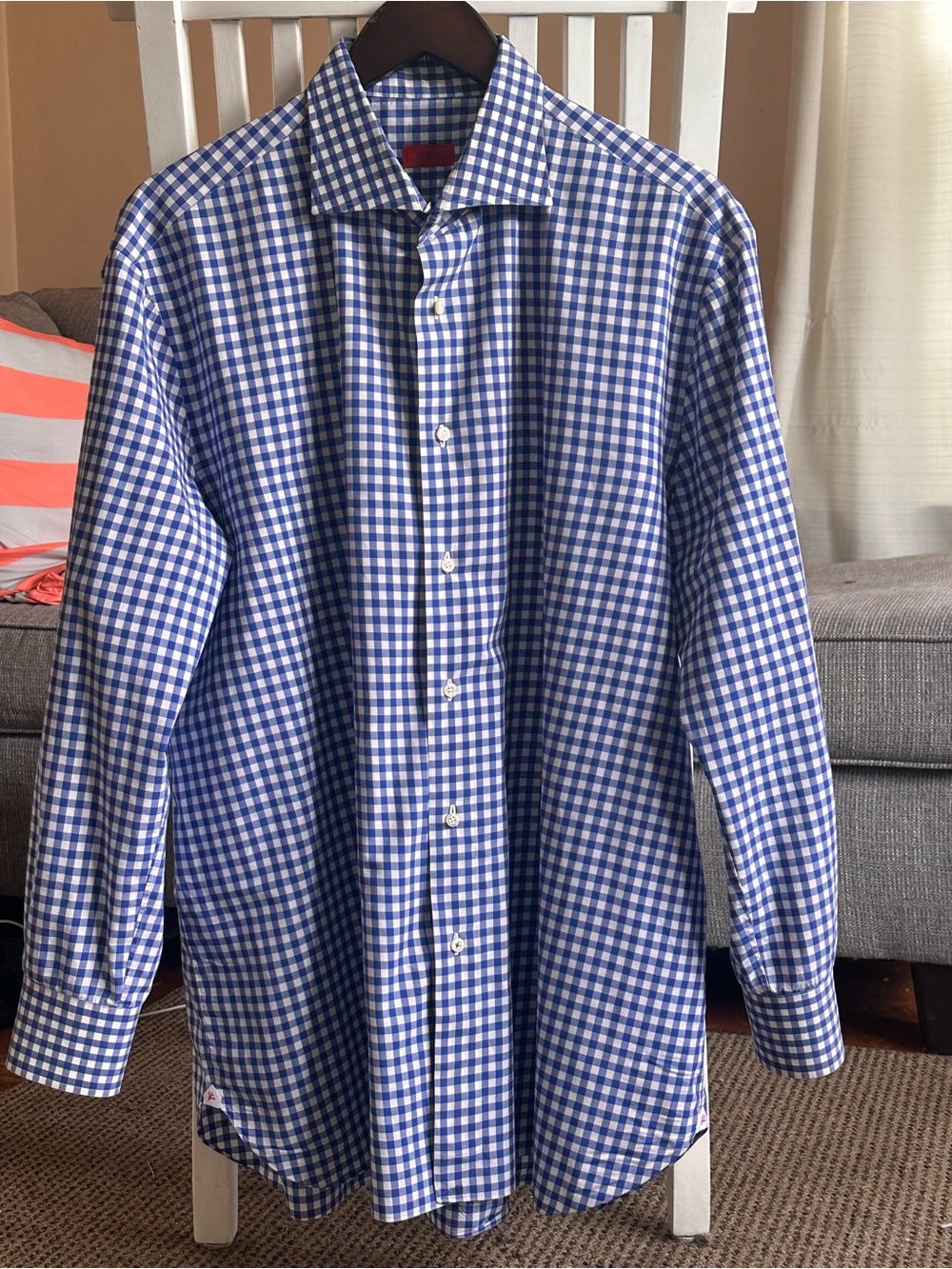 Isaia Napoli Multicolor Gingham Blue White Button-Down Men’s Dress Shirt Size 18